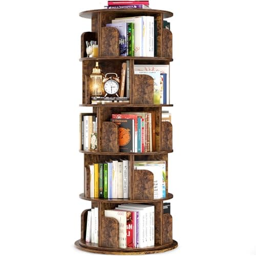 Besiost Rotating Bookshelf Tower, 5 Tier Spinning Bookcase, Revolving 360 Book Shelf Narrow Tall Bookcase, Vertical Turning Round Bookshelf Organizer, Corner Book Shelf for Small Space, Rustic Brown - Image 1