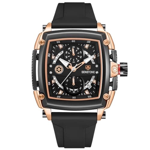 senstone Mens Watch Square Fashion Sports Multifunction Chronograph Quartz Analog Wristwatch Gift for Men Rubber Band Silicone Strap Watches - Rose Gold - Image 1