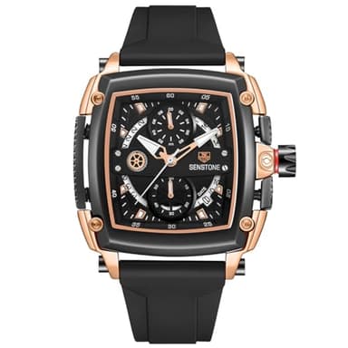 senstone Mens Watch Square Fashion Sports Multifunction Chronograph Quartz Analog Wristwatch Gift for Men Rubber Band Silicone Strap Watches - Rose Gold - Image 1
