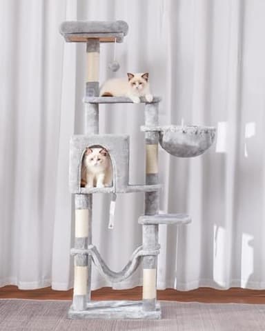 Hey-brother Cat Tree with Large Hammock, Multi-Level Cat Tower for Indoor Cats, Cat Condo with Sisal-Covered Scratching Posts and Top Perch, Light Gray MPJ050W - Image 7