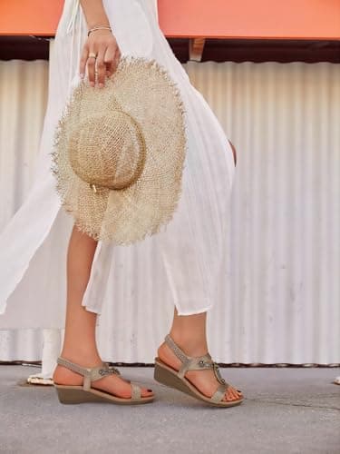 SHIBEVER Womens Wedge Sandals Elastic Ankle Strap Sandals Summer Comfortable Shoes Champagne Size 9 - Image 2