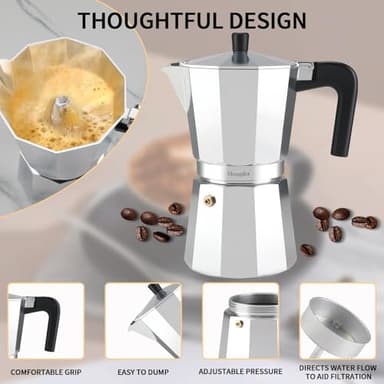 Mongdio Stovetop Espresso Maker Moka Pot, Stove Top Cuban Coffee Maker, Italian Greca Mocha Pot, 9 Espresso Cups, 15 oz - Silver - Image 4