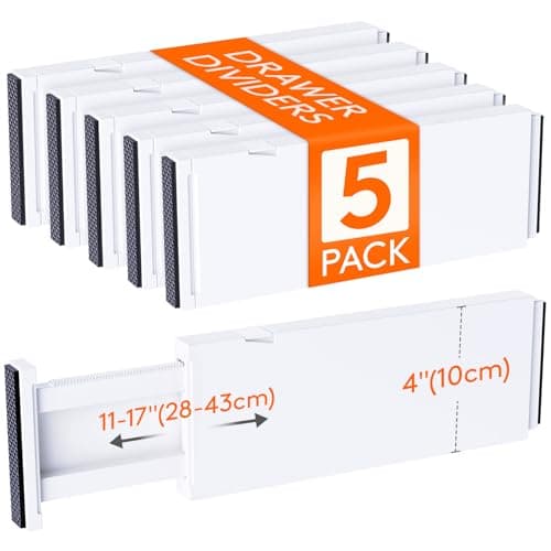 Lifewit 5 Pack Drawer Dividers 4" High, 11-17" Adjustable Dresser Drawer Organizers for Clothes, Expandable Dresser Separators in Bedroom/Bathroom/Kitchen/Vanity/Office Organization and Storage, White - Image 1