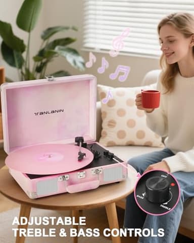 Watercolor Vinyl Record Player with Treble & Bass Control, Vintage 3-Speed Bluetooth Suitcase Portable Turntables with Built-in Speakers, 33 45 78 RPM LP Player Support RCA/AUX/Headphone Jack, Pink - Image 3