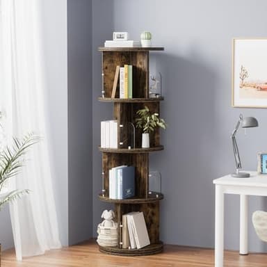 VECELO Rotating Bookshelf Tower, 360°Revolving Bookcase, Modern Tall Book Shelf Storage Display Rack Floor Standing, 4 Tier Storage Rack for Kids&Adults Solid Wood, Brown - Image 8