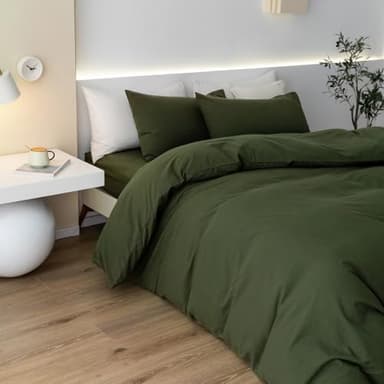 JIYUAN 100% Washed Cotton Duvet Cover Set 3 Pieces Queen, 1 Duvet Cover 90x90 Inches(Comforter Not Included) and 2 Pillowcases,Linen Feel Bedding Set Comfy and Breathable,Olive Green - Image 4