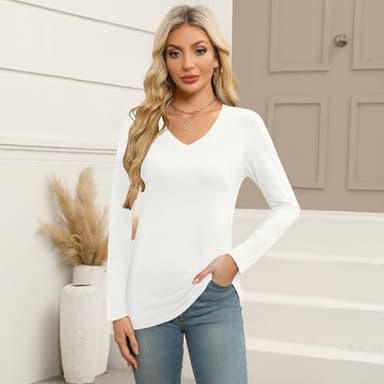 Elesomo Women's Long Sleeve Tshirts V Neck Casual Tops Cotton Tee Shirt, White XXL - Image 3