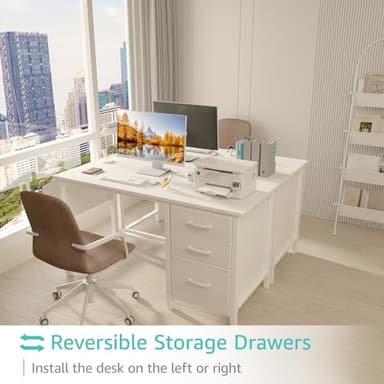 Lufeiya White Desk with Fabric File Drawers Cabinet, 47 Inch Reversible Computer Desk with Filing Cabinet for Bedroom Small Space Home Office, Modern Writing Table PC Desks, White - Image 4