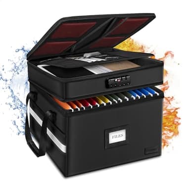 ETRONIK Fireproof Document Box with Lock, 2 Layer File Cabinet Organizer with 5 Tab Inserts, Portable Office Collapsible File Storage with Reflective Strip for Hanging Letter, Legal Size Folder - Image 1