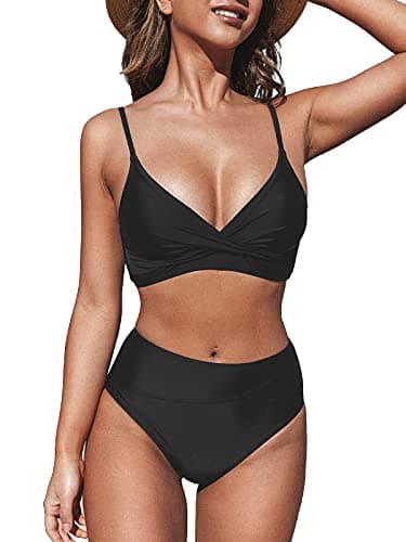 CUPSHE Women's Bikini Sets Two Piece Swimsuit High Waisted V Neck Twist Front Adjustable Spaghetti Straps Bathing Suit, S Black - Image 1