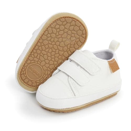 BEIDI Baby Girls Boys Shoes Soft Anti-Slip Sole Newborn First Walkers Star High Top Canvas Denim Unisex Infant Sneaker (F-White,6-12 Months - Image 1