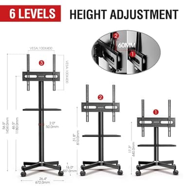 AOKCOS Rolling TV Stand - Mobile TV Stand on Wheels for 32-65 inch Flat/Curved TVs with Tilting, Height Adjustment Portable Rolling TV Cart Hold up to 88 Lbs for Livingroom, Bedroom, Office, Outdoor - Image 4