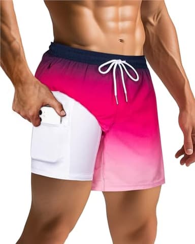SURF CUZ Mens Swim Trunks with Compression Liner Mens Swimming Trunks 5 Inch Bathing Suit with Zipper Pockets Quick Dry Swim Shorts Cherry Pink Gradient Medium - Image 4