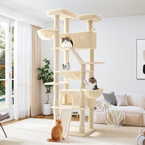 Allewie 81 Inches Tall Cat Tree/Multi-Level Large Climbing Tree House and Towers for Big Feline/Condo and Hammock/Scratching Post/Wide Base/Beige - Image 1