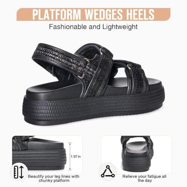 FITORY Women Platform Sandals Comfortable Open Toe Beach Shoes with Adjustable Buckle Straps for Summer Black Size 8 - Image 3