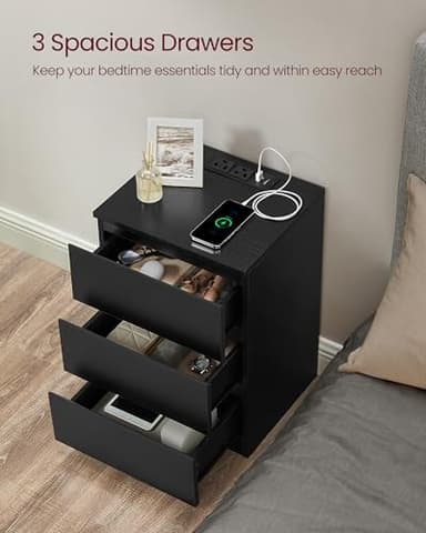 VASAGLE Nightstands with Charging Station, Set of 2, AC Outlets and USB Ports, Bedside Tables, Side Tables with 3 Drawers, Modern Style, 13.8 x 15.7 x 23.2 Inches, Ebony Black ULET731B58 - Image 5