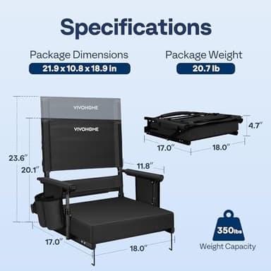 VIVOHOME Height Adjustable High Back Stadium Seats with Back Support and Cushion, 2 Pack Portable Bleacher Chairs with Cup Holder and Shoulder Strap, Black - Image 2