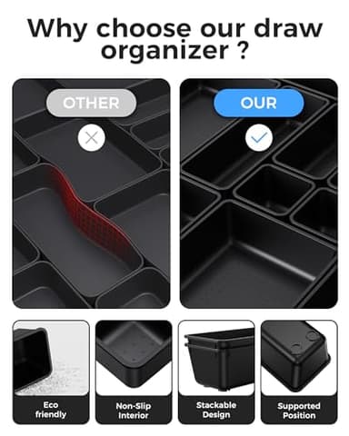 BiuLeon 25 PCS Plastic Drawer Organizers Set, 4-Sizes Vanity and Makeup Organizer, Desk and bathroom Drawer Organizer Trays, Organizers and Storage for Makeup, Jewelry, Gadgets, Utensils (Black) - Image 5