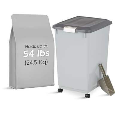 IRIS USA Dog Food Storage Container with Wheels, Airtight Lid, 2-Cup Scoop, Up to 54 Pounds Pet Food Storage, Built in Scoop Storage in Lid, Versatile Pet Food Bin, Portable, BPA Free, Gray/Dark Gray - Image 2