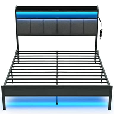 Z-hom Upholstered King Size Bed Frame, Upgraded King Bed Frame with LED Lights Headboard & Footboard, King Platform Bed Frames Bedroom Furniture with Charging Station & Storage Shelves, Noise Free - Image 9