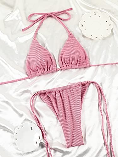 Women Halter String Bikini Set Sexy Thong Cheeky Two Piece Swimsuits Solid Color Bathing Swimwear - Image 4