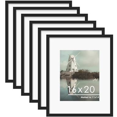 PEALSN 16x20 Picture Frame Set of 6, Display Pictures 11 x 14 with Mat or 16 x 20 Without Mat for Wall Mounting Display, Poster Frames Collage for Wall Decor, Black. - Image 1