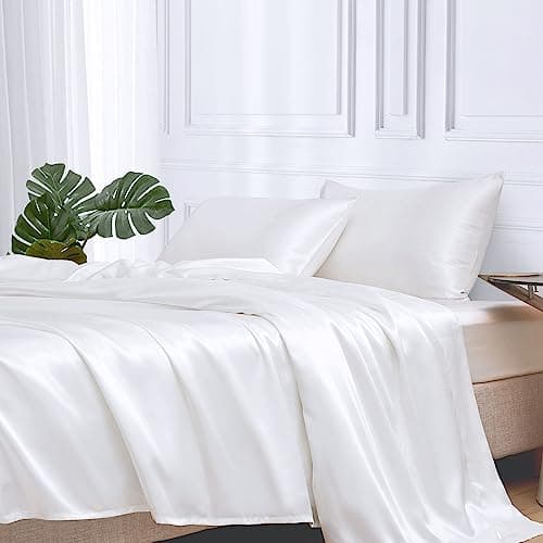 MR&HM Satin Bed Sheets, Queen Size Sheets Set, 4 Pcs Silky Bedding Set with 15 Inches Deep Pocket for Mattress (Queen, White) - Image 1