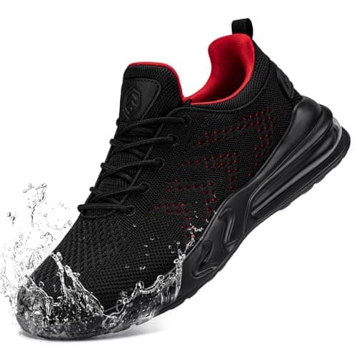 LARNMERN Mens Waterproof Shoes for Men Non Slip Work Sneakers Food Service Zapatos Trabajo Antideslizantes Walking Shoes Water Resistant Slip-on, Black Red 9 Wide - Image 1