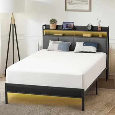 Z-hom Twin Bed Frames, Upholstered Upgraded Metal Bed Frame with LED Lights Headboard & Footboard, Bed Furniture with Charging Station Ports & Storage Shelves, Easy Assembly Bed Frame, Noise Free - Image 7