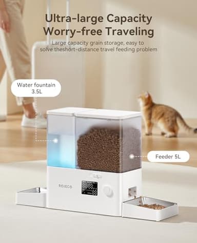 Rojeco 36Cups/8.5L Pet Automatic Cat Feeder and Gravity Water Dispenser,Stainless Steel Bowls 2-in-1 Set Large Capacity 5L Food Feeder and 3.5L Water Fountain for Cats,Pets,Small Dogs,Puppies,Kittens - Image 6