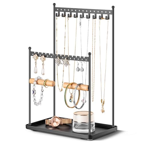 Josmimic Jewelry Stand Necklace Holder Organizer – 3-Tier Jewelry Display Rack with Storage Tray – Holds 22 Pairs of Earrings, Bracelets, Rings, Necklaces – Gift for Girls & Women, Black