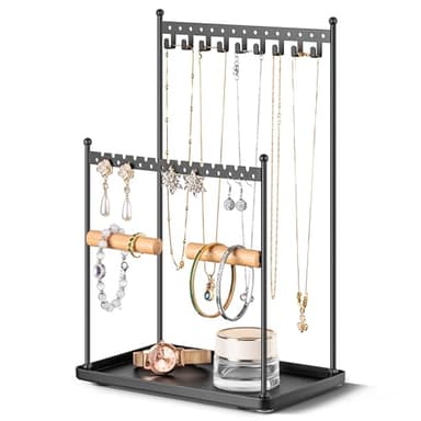 Josmimic Jewelry Stand Necklace Holder Organizer – 3-Tier Jewelry Display Rack with Storage Tray – Holds 22 Pairs of Earrings, Bracelets, Rings, Necklaces – Gift for Girls & Women, Black