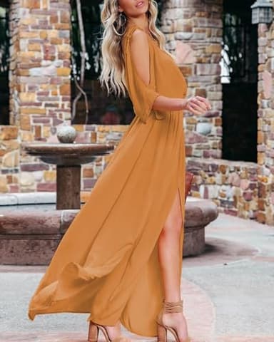 DEEP SELF Women's Sexy Cold Shoulder Maxi Dress Summer V Neck Backless Split Wedding Guest Flowy Long Dress Orange - Image 4