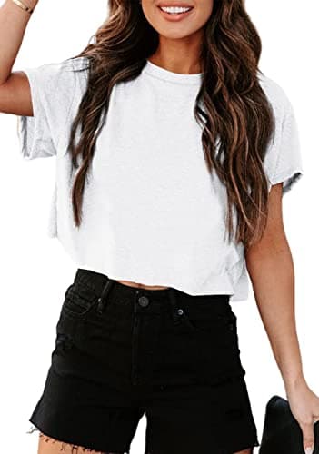 Tankaneo Women Short Sleeve Cropped T-Shirts Crew Neck Loose Crop Tops Summer Casual Drop Shoulder Basic Tees White - Image 1