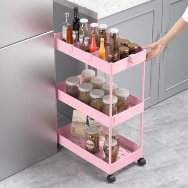 SPACELEAD 3 Tier Rolling Cart with Wheels, Storage Craft Art Trolley Organizer Serving, 3 Hanging Baskets Easy Assembly, for Office, Living Room, Kitchen, Pink - Image 4