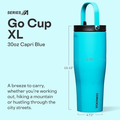 Corkcicle Go Cup XL - Leak-Proof Travel Tumbler - Triple Insulated Stainless Steel Water Bottle - Easy-Carry Handle - Summer Drinkware Gift - Keeps Drinks Ice Cold - 30 oz - Capri Blue - Image 3