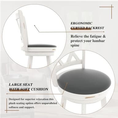 Betterhood 24" Counter Height Swivel Bar Stools - High Back Swivel Counter Stools with Upholstered Seat & Solid Wood Footrest, Counter Bar Chairs for Kitchen Island & Pub (Antique White, Set of 2) - Image 5