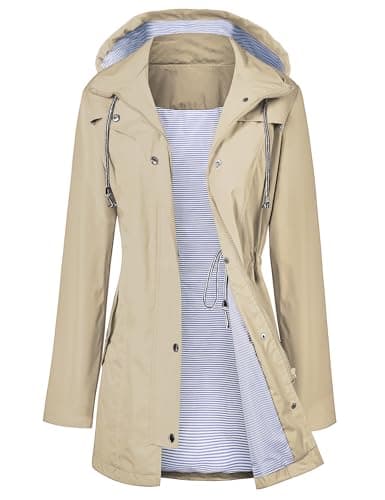 LOMON Raincoat Women Waterproof Long Hooded Trench Coats Lined Windbreaker Travel Jacket Khaki S - Image 1