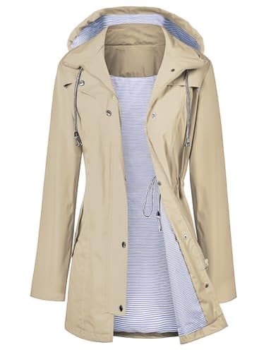 LOMON Raincoat Women Waterproof Long Hooded Trench Coats Lined Windbreaker Travel Jacket Khaki S - Image 1