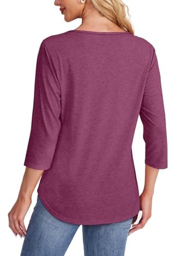 Womens Tops Dressy Casual Trendy Summer Blouses 3/4 Length Sleeves Pleated Front Loose Fit Tshirts Shirts Plus Size Womens Clothing Dusty Red 3XL - Image 5