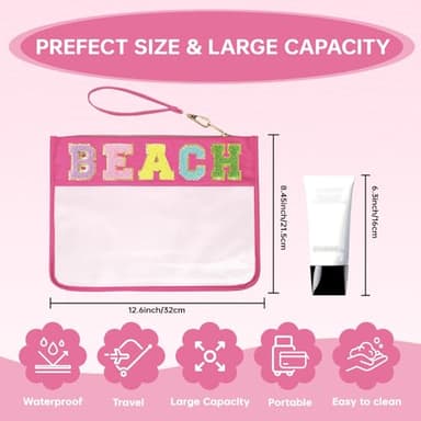 Beach Bag,Sunscreen Bag, Chenille Letter Clear Zipper Pouch for Travel Preppy Patch Makeup Bag-Nylon Cosmetic Preppy Makeup Waterproof Organizer Bags Set for Women Valentines Bags (MH-BEACH) - Image 2