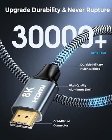 CABNEER 8K HDMI Cable 10 ft 2Pack, 48Gbps High Speed HDMI 2.1 Cable, Braided HDMI Cable 2.1 8K 60Hz 4K 120Hz Support for HDR eARC HDCP 2.2/2.3, HDMI Cord Compatible with HDTV, Laptop, Monitor, PC - Image 6