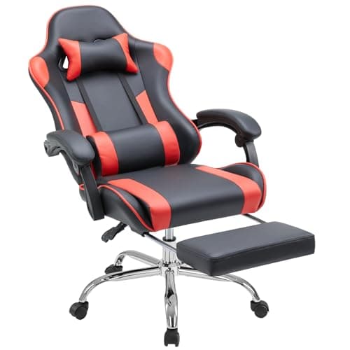 DUMOS Ergonomic Gaming Desk Chair - PU Leather Recliner with Footrest, Lumbar Support, Headrest, Fixed Armrests, Height Adjustable, 360° Swivel, Red, for Adults - Image 1