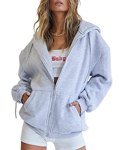 EFAN Women Zip Up Hoodies Oversized Sweatshirt Jacket 2024 Fall Fleece Cute Pullover Hooded Tops Teen Girls Casual Loose Fit Y2k Trendy Fashion Gym Clothes Outfits Grey M - Image 1
