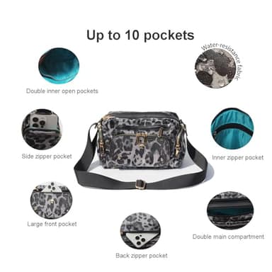 Women Fashion Tote Crossbody Handbags for Women Multi Pockets Shoulder Bag Nylon Travel Purse (Black Leopard) - Image 3