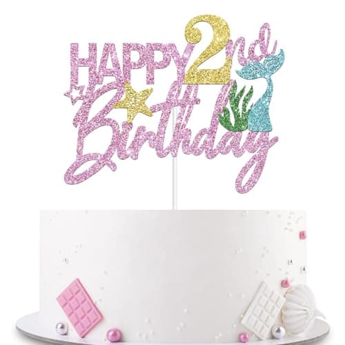 YHEZXUN Mermaid Happy 2nd Birthday Cake Topper, Pink Glitter Mermaid Two Cake Decoration Ocean Theme for Girl 2 Years Old Birthday Party Cake Decor - Image 1