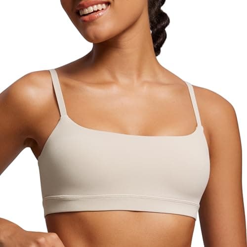 CRZ YOGA Womens Butterluxe Adjustable Spaghetti Strap Sports Bra - Scoop Neck Wireless Padded Yoga Workout Crop Top Mojave Tan Medium - Image 1