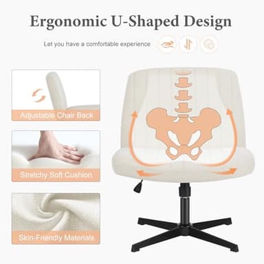 Sweetcrispy Criss Cross Chair Legged, Armless Office Wide Desk Chair No Wheels, Swivel Vanity Height Adjustable Fabric Modern Computer Task Seating for Home - Pearl White - Image 3