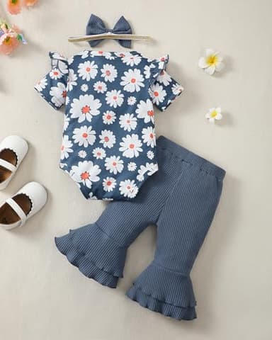 SUNNY PIGGY Baby Girl Clothes Ruffle Short Sleeve Romper Long Pants Set with Headband Newborn Infant Outfits Blue 0-3M - Image 3