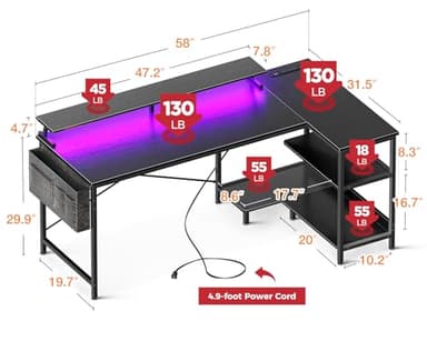 ODK 58 Inch Gaming Desk with USB Charging Ports and LED Lights, Reversible L Shaped Computer Desk with Storage Shelves & Monitor Stand, Corner Gamer Desk Table with Power Outlets, Black - Image 3